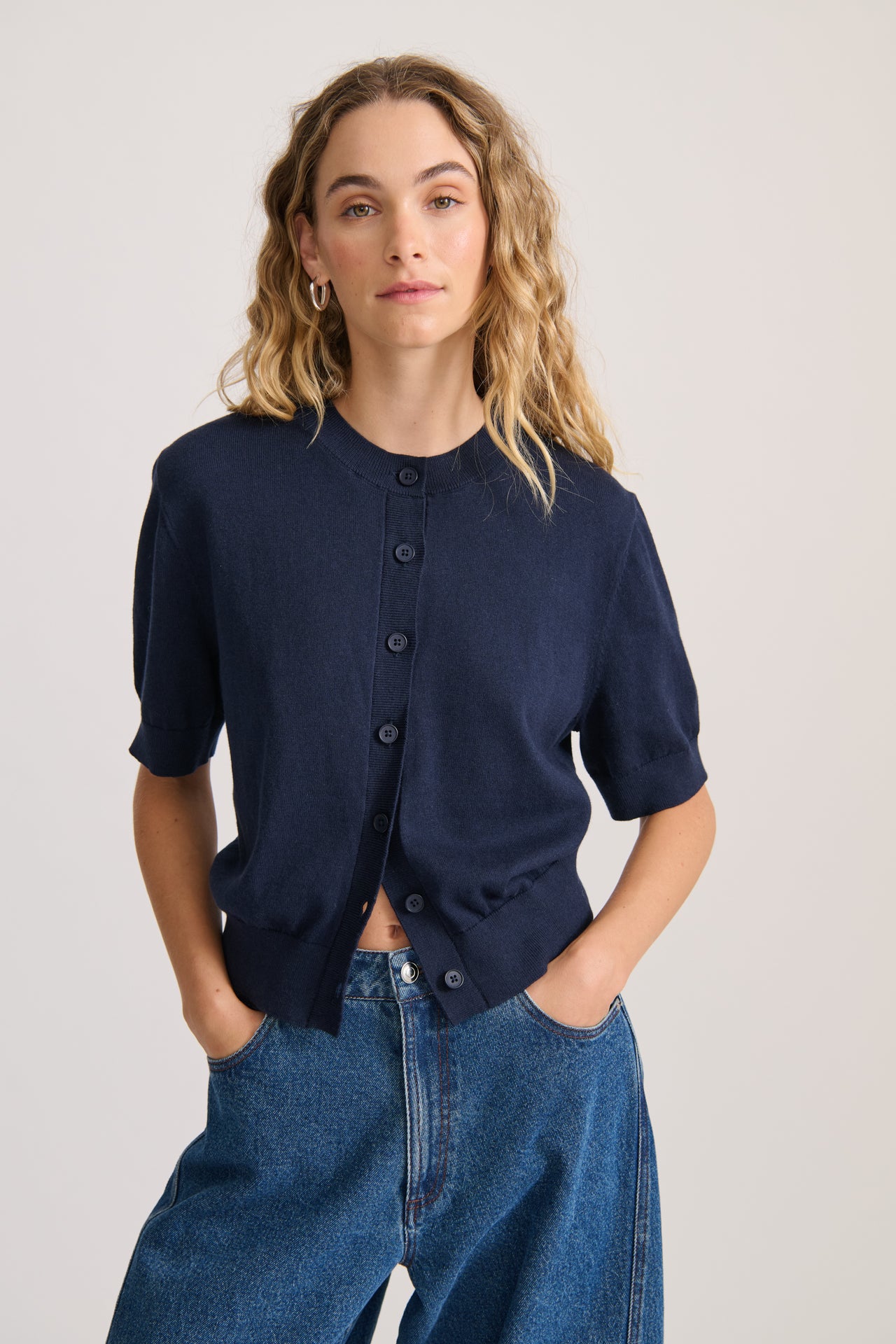 Short Sleeve Cardigan in Navy – Relaxed Fit Knitwear EMERSON