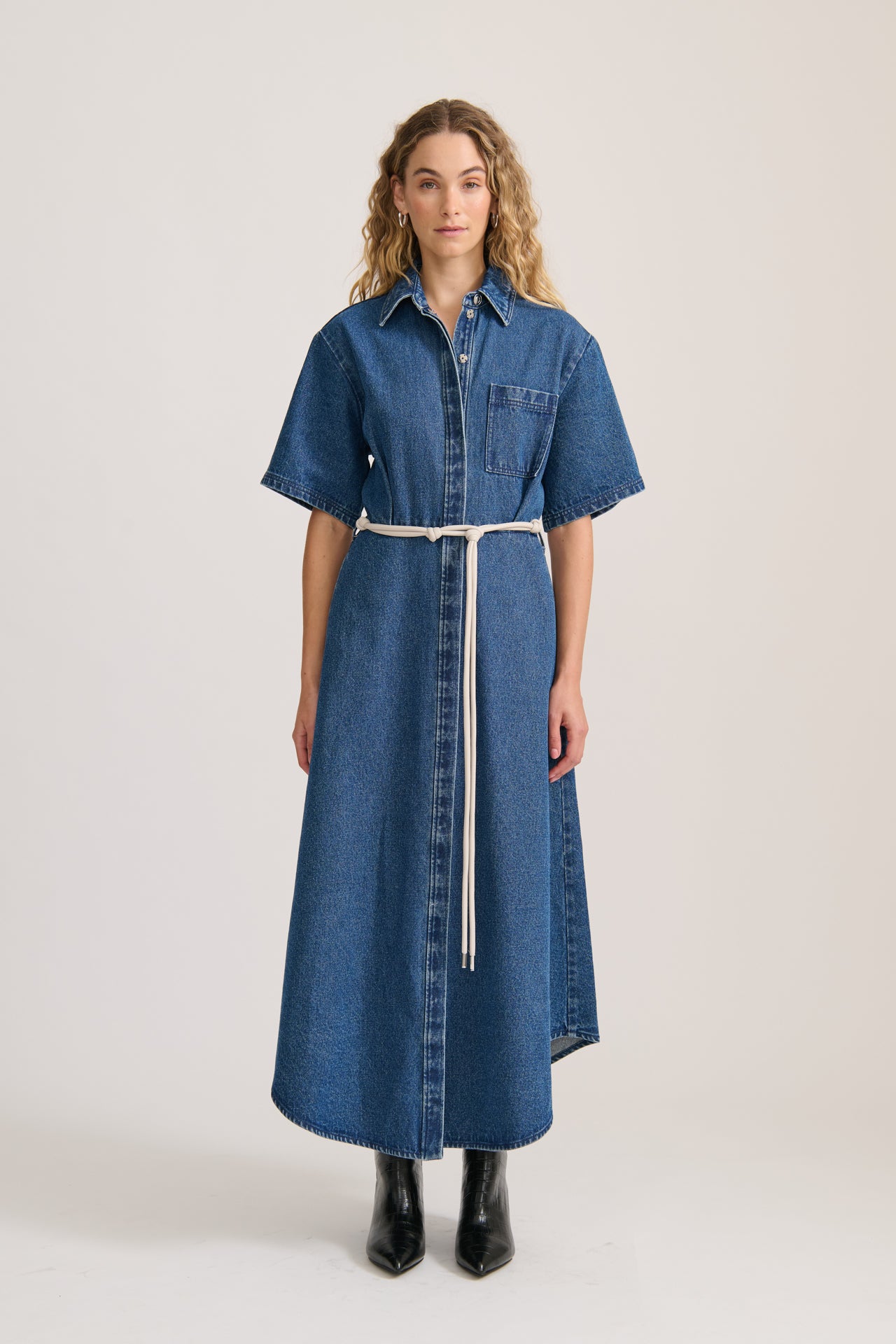 Denim Shirt Dress in Mid Blue – Maxi Utility Dress