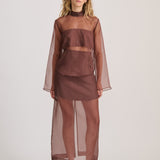 SHEER ORGANZA LONG SLEEVE TOP RICH CACAO