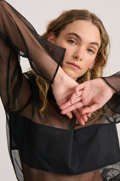 Sheer Organza Long Sleeve Top – Black | Silk Sheer Statement Top